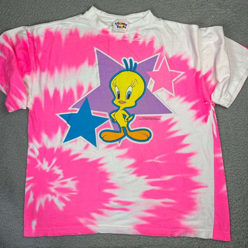 Looney Tunes T-Shirt Mens L Pink Tie Dye Tweety Bird Vintage 1995 Warner Bros